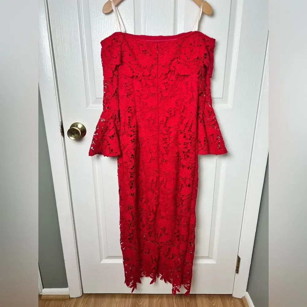 Shoshana Red Off The Shoulder Lace Harrison Sheath Tea Midi Length Dress 4